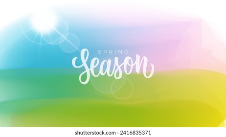 Saison du printemps. Arrière-plan flou avec lettrage à la main. Bannière printanière avec des couleurs douces en dégradé pour une création graphique saisonnière. Illustration vectorielle.