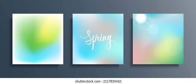 Spring season blurred backgrounds set with bright sun and hand lettering for your seasonal graphic design. Springtime collection. Vector illustration.