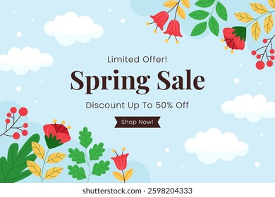 Spring season border background design with flowers and leaves for banner or presentation