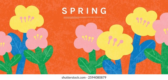 Spring season botanical art background vector. Natural hand drawn pattern design with cute flowers, leaves, branches. Illustrated design for fabric, print, cover, banner, wallpaper.