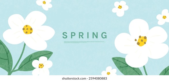 Spring season botanical art background vector. Natural hand drawn pattern design with cute flowers, leaves, branches. Illustrated design for fabric, print, cover, banner, wallpaper.