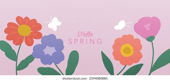 Spring season botanical art background vector. Natural hand drawn pattern design with cute flowers, leaves, branches, butterfly. Illustrated design for fabric, print, cover, banner, wallpaper.