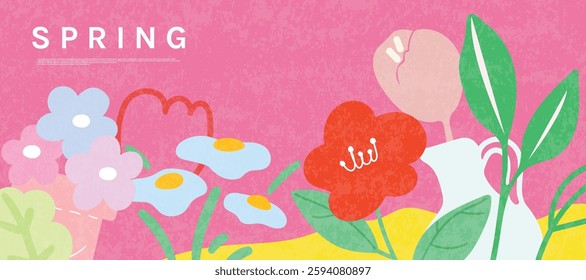 Spring season botanical art background vector. Natural hand drawn pattern design with cute flowers, leaves, branches. Illustrated design for fabric, print, cover, banner, wallpaper.