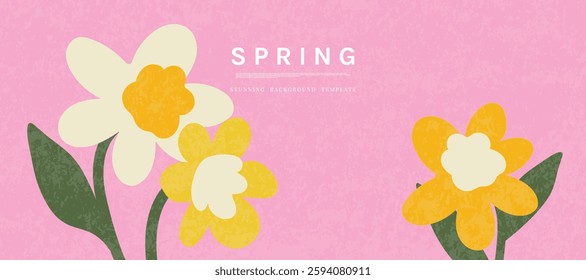 Spring season botanical art background vector. Natural hand drawn pattern design with cute flowers, leaves, branches. Illustrated design for fabric, print, cover, banner, wallpaper.