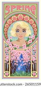 Cartão de primavera com menina loira em estilo art deco, ilustração vetorial