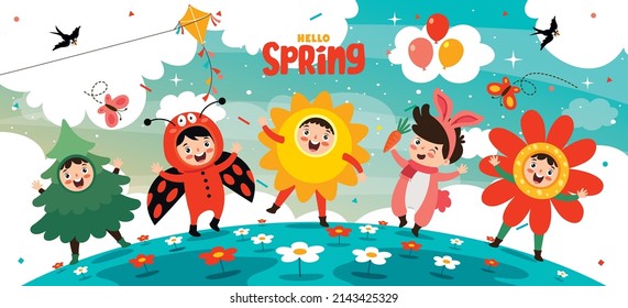 Spring Season With Cartoon Children