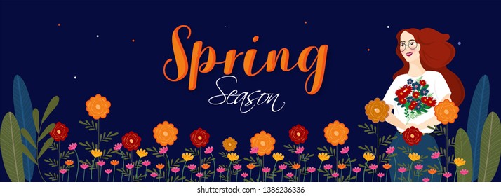 Spring Season celebration header or banner design with beautiful lady holding bouquet and colorful flowers decorated on blue background.