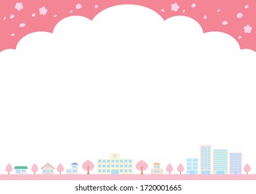 spring season cityscape frame, house and school and office and sky and tree town