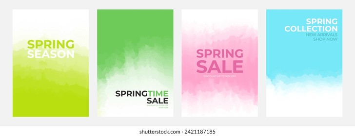 Spring  season commercial set. Springtime backgrounds with soft blurred color gradients for business, seasonal shopping, spring collection promotion and sale advertising. Vector illustration.