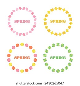 Spring season concept circular border frame illustration set. Flowers, cherry blossoms, butterflies, tulips, forsythia, rape flowers, clover, petals.