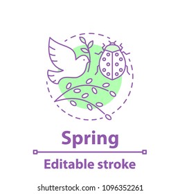 Spring season concept icon. Nature idea thin line illustration. Environment. Willow tree branch, ladybug, dove. Vector isolated outline drawing. Editable stroke