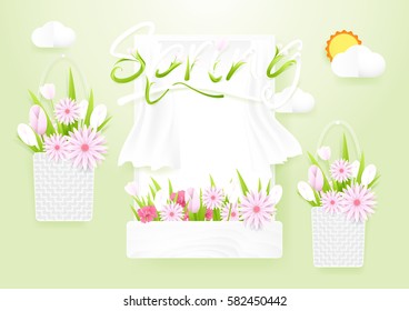 Spring season concept. Window with flowers baskets on cloud and sun background. paper art style design