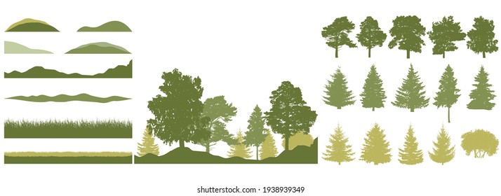 Spring season, constructor kit of trees, grass, hill. Beautiful silhouettes of spruce and pine and coniferous trees and birch, etc. Set of design elements. Vector illustration.