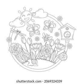 Spring season doodle line drawing coloring book