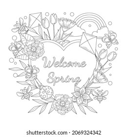 Spring season doodle line drawing coloring book