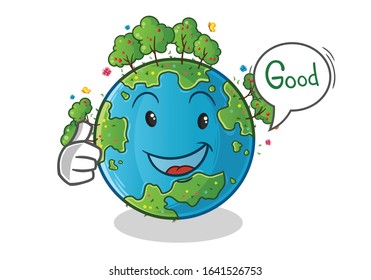 spring season. spring earth happy good thumbs up cartoon with bubble. cute chibi cartoon mascot vector
