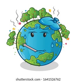 spring season. spring earth sick and fever with thermometer and compress cartoon. cute chibi cartoon mascot vector