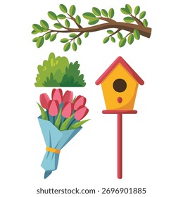 Ilustración vectorial de los árboles de las flores de los Elementos de la estación de primavera aislada en blanco