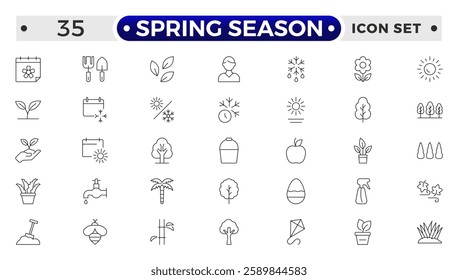 Spring season Equipment Icons Pack. Thin line icons set. Flatiron collection set. Outline planting flowers and seeds, watering can and fertilizers. Spring, agriculture and gardening concept.
