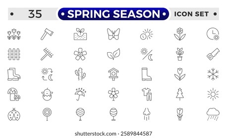 Spring season Equipment Icons Pack. Thin line icons set. Flatiron collection set. Outline planting flowers and seeds, watering can and fertilizers. Spring, agriculture and gardening concept.
