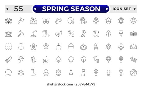 Spring season Equipment Icons Pack. Thin line icons set. Flatiron collection set. Outline planting flowers and seeds, watering can and fertilizers. Spring, agriculture and gardening concept.
