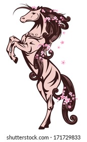 spring season fairy tale horse with flowers in long mane vector illustration