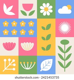 Spring season flat flower, leaf, cloud with square pattern background. Vector Illustration Graphic Design Set