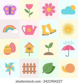 Spring season flat flower, leaf, cloud with square pattern background. Vector Illustration Graphic Design Set