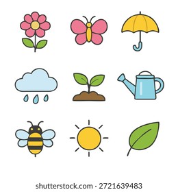 Frühlingssaison Flachsymbol-Set mit Blumen, Natur und Wetterelementen