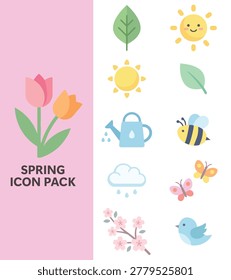 Spring Season Flat Vector Icon Pack with Pink Blossom Tulips Butterfly Rainbow Sun Bee Bird and Nature Elements