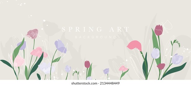 Spring season floral background. Colorful botanical in watercolor texture design with tulip flowers, blooms and blossom garden. White line art pattern perfect for banner, print, cover, decoration.