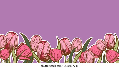 Spring Season Floral Border With Pink Gentle Tulips with empty space for text. Happy Women's 8th of March Day Background.