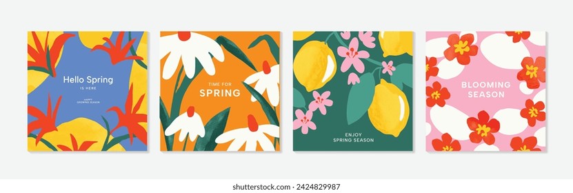 Spring season floral square cover vector. Set of banner design with flowers, leaves, branch, watercolor texture. Colorful blossom background for social media post, website, business, ads.