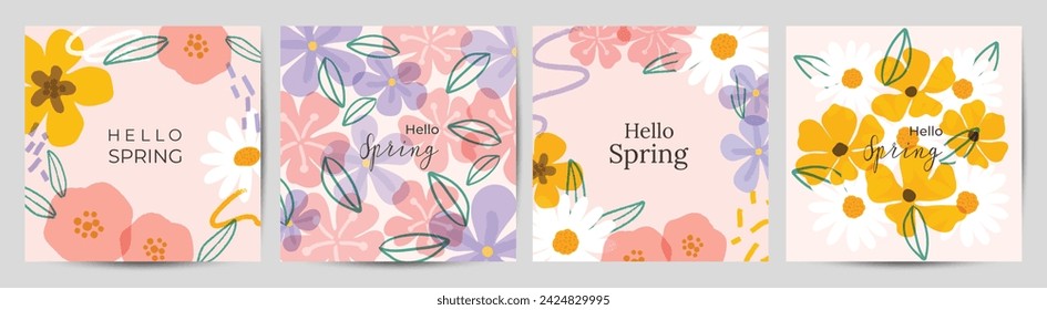 Spring season floral square cover vector. Set of banner design with flowers, leaves, branch. Colorful blossom background for social media post, website, business, ads.