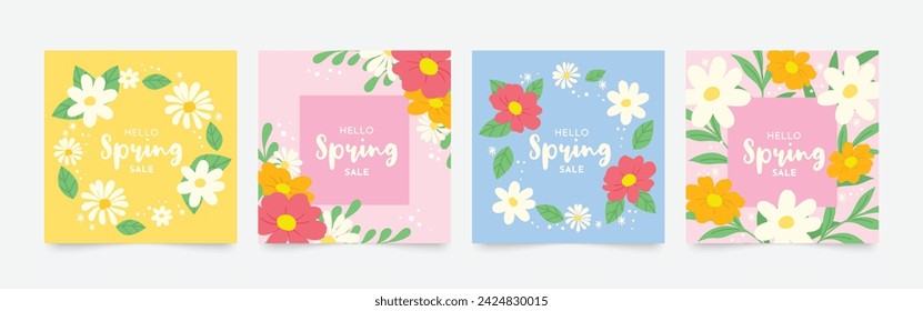 Vector de cubierta cuadrada floral de temporada de primavera. Conjunto de diseño de banner con flores, hojas, rama. Colorido fondo de la flor para la publicación de medios sociales, sitio web, negocios, anuncios.