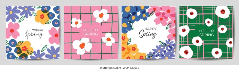 Spring season floral square cover vector. Set of banner design with flowers, leaves, branch. Colorful blossom background for social media post, website, business, ads.