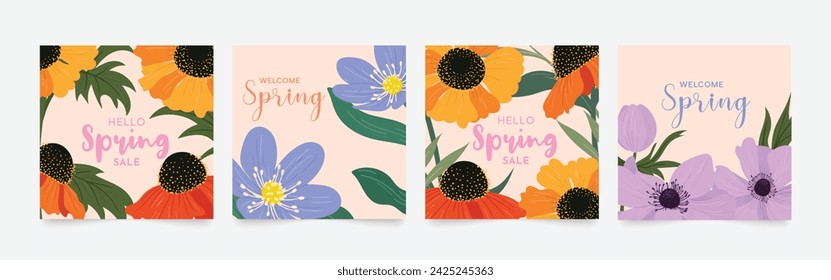 Spring season floral square cover vector. Set of banner design with flowers, leaves, branch. Colorful blossom background for social media post, website, business, ads.