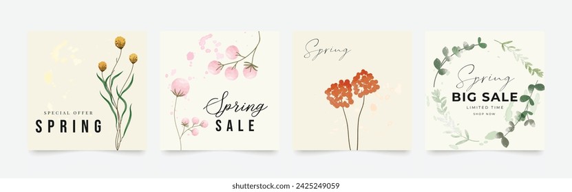 Spring season floral square cover template. Set of banner design with flowers, leaves and branch. Watercolor blossom for social media post, internet, ads, business.