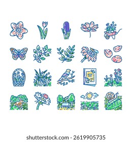 spring season flower nature doodle icons set vector. flora plant, green leaf, blossom garden, beauty fresh tree, grass sky, beautiful spring season flower nature sketch hand drawn