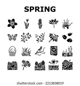 spring season flower nature icons set vector. flora plant, green leaf, blossom garden, beauty fresh tree, grass sky, beautiful spring season flower nature glyph pictogram Illustrations