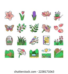 spring season flower nature icons set vector. flora plant, green leaf, blossom garden, beauty fresh tree, grass sky, beautiful spring season flower nature color line illustrations