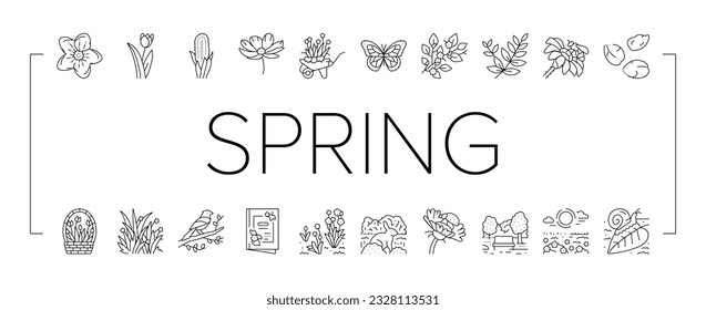 spring season flower nature icons set vector. flora plant, green leaf, blossom garden, beauty fresh tree, grass sky, beautiful spring season flower nature black contour illustrations