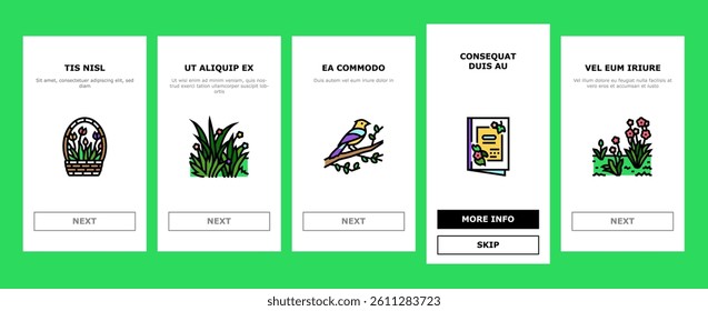 spring season flower nature onboarding mobile vector. flora plant, green leaf, blossom garden, beauty fresh tree, grass sky, beautiful spring season flower nature color line illustrations