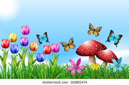 Spring season with flowers and butterflies