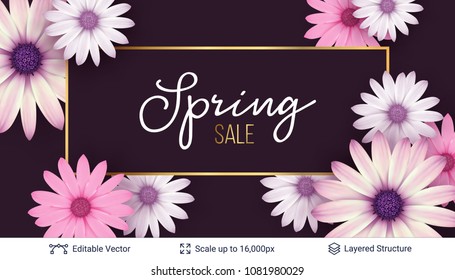 Spring season flowers and sale text. Beautiful vector background editable for ad posters, banners and flyers.