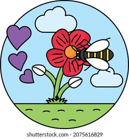 Spring Season with Flying Hearts Concept, Red flower with bee Vector Icon Design, Nature Love Symbol, Artistic landforms Scenes Sign, Heart in nature Stock illustration, Beautiful Landscape View