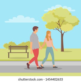Spring season fun vector, people on date walking in park with greenery and foliage of trees, bench and lawns. Boyfriend and girlfriend holding hands