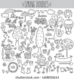 Spring Season, Gardening, Black & White Outline, freehand, Bugs, Bicycle, tree, butterfly, Doodles, bunny, animal, little girl, rain, bird house, kite, flower pots, boots, love, fun, Drawing, banner