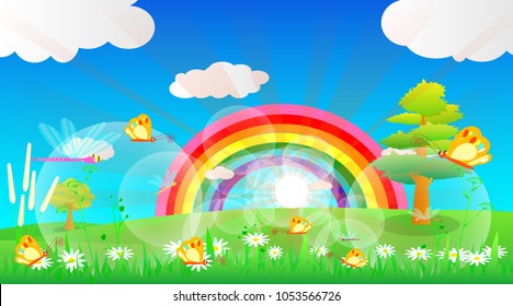 spring season, grass flower blooming and butterflies, rainbow and sun lighting ray and flare, cloudy with blue sky background, green tree, springtime in the morning, vector art and illustration.