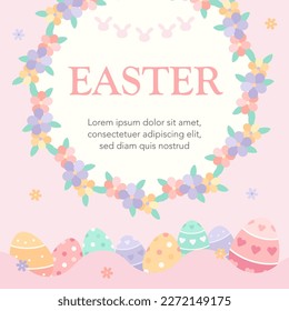 Spring season happy easter sweet pastel color greeting design template with flower frame border, rabbit garland, painted eggs decoration, florals.